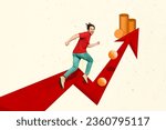 Collage picture of excited cheerful guy running growing arrow upwards pile stack money coins isolated on drawing background