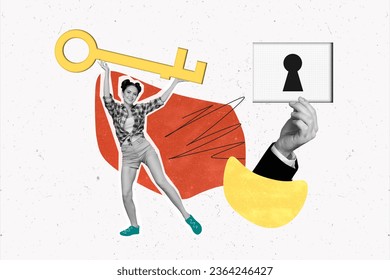 Collage picture of excited mini black white colors girl hold big key arm keyhole isolated on painted creative background