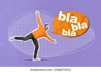 Collage picture of excited mini black white colors guy dancing huge paper dialogue bubble bla blah isolated on violet background