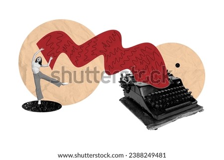 Collage picture of excited mini black white colors girl arms hold paper typing machine isolated on creative background