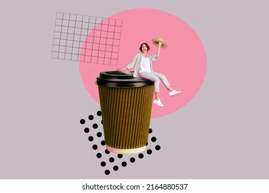 Collage picture of excited person sitting large huge coffee paper cup hold summer sunhat - Shutterstock ID 2164880537