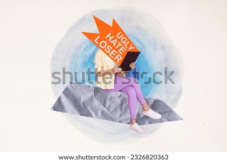 Collage picture of girl arms hold clipboard tablet read loser hate ugly words instead head isolated on painted white background