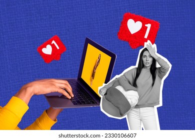 Collage picture of hands hold use netbook girl social media profile photo receive like notification hold dirty clothes laundry real life - Powered by Shutterstock