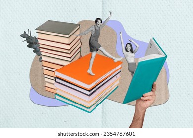 Collage picture of huge hand pile stack book two mini black white colors dancing girls isolated on paper creative background