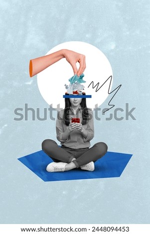 Collage picture image of addicted girl sitting reading fake news fabrication falsification hand putting garbage on head