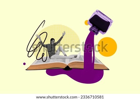 Collage picture image of happy smiling person novelist sitting paper page write poem poetry inkwell doodle isolated on drawing background