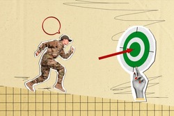 Collage Picture Image Of Strong Purposeful Woman Soldier Running Forward Goal Hand Hold Darts Board Isolated On Drawing Background