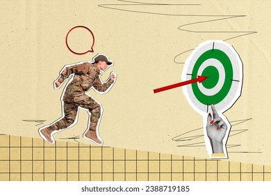Collage picture image of strong purposeful woman soldier running forward goal hand hold darts board isolated on drawing background - Powered by Shutterstock