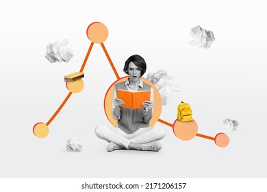 Collage picture of impressed crazy person black white colors hold read book isolated on creative background