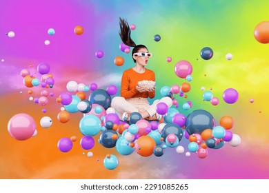 Collage picture of impressed girl sit floating colorful blob bubbles eat popcorn watch 3d glasses movie isolated on creative background