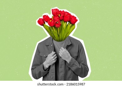 Collage picture of interesting stylish man flowers instead of head red tulips isolated on creative green background - Shutterstock ID 2186015987