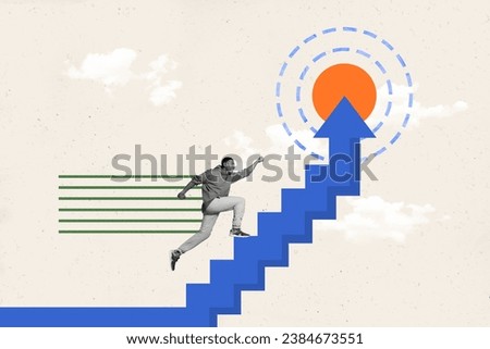Collage picture of mini black white colors guy run climb stairs upwards arrow pointer indicator target goal painted clouds sky