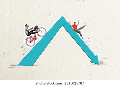 Collage picture pf two mini black white colors guys climb ride bicycle upwards fall down huge arrow isolated on white background