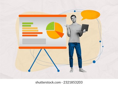 Collage picture of positive black white colors guy hold netbook dialogue bubble point finger presentation board diagram stats