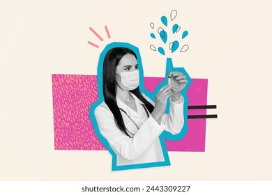 Collage picture of professional doctor female nurse holding syringe needle preparing vaccination isolated on painted background - Powered by Shutterstock