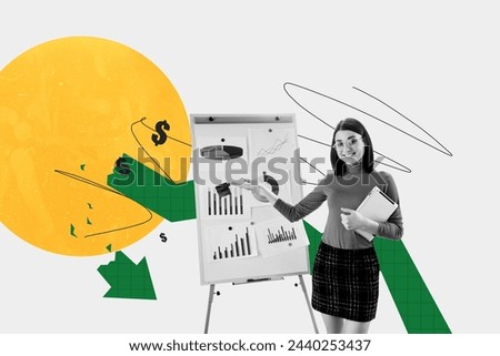 Collage picture of professional financial specialist woman demonstrate whiteboard statistics pie charts isolated on white background
