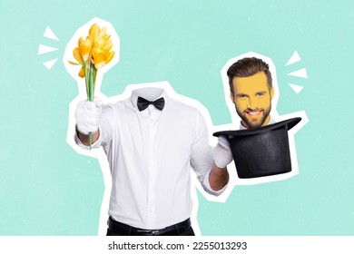 Collage picture professional magician guy arm hold flowers head inside hat isolated creative background