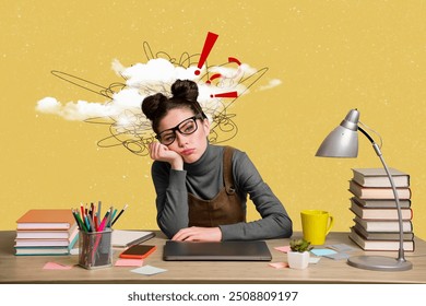 Collage picture sketch of lazy tired sad woman sitting studying working hard isolated on creative background