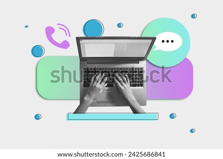 Collage picture template of using laptop to download files and work tasks sending messages in telegram isolated on white background