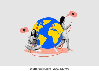 Collage picture of two black white colors girls use smart phone connection like notification texting big planet earth globe geolocation mark - Powered by Shutterstock