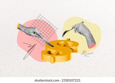 Collage picture of two black white colors arms hold knife fork cut eat big dollar money symbol isolated on painted background