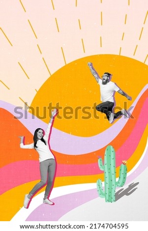 Collage picture of two black white people have fun in desert visit mexian festival isolated on sun set desert painting background