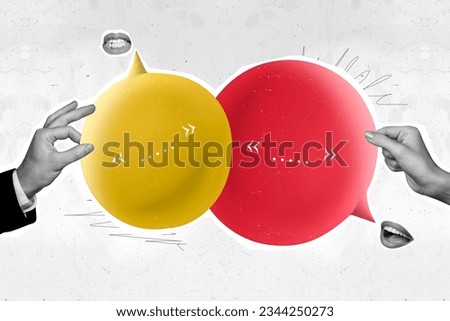 Collage picture of two black white colors arms fingers hold dialogue quotation bubble talking mouth isolated on painted background