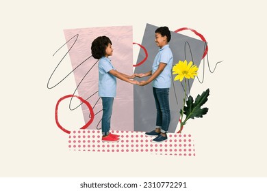 Collage picture of two cheerful small kids hold arms look each other big fresh flower isolated on painted background - Powered by Shutterstock