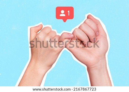 Collage picture of two human hands fingers connect hold became friends in new social website media facebook twitter instagram