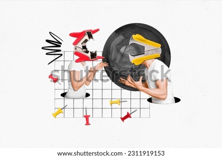Collage picture of two people aggression stapler headless stress situation bad mood couple conflict isolated on plaid white background