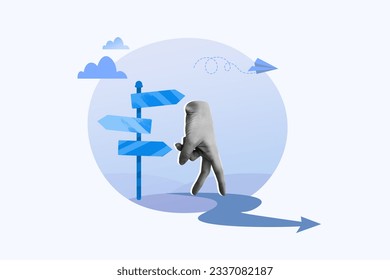 Collage picture of walking black white colors arm fingers road sign pointer navigation arrow way flying paper plane isolated on creative background - Powered by Shutterstock