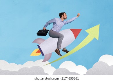 Collage picture of young businessman achieve his goals flying on rocket up in sky grow professionally isolated on painting background