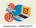 Collage picture of young funny excited guy finally transaction display done checkmark laptop payment mastercard isolated on grey background