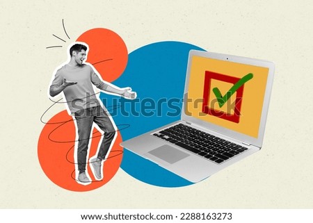 Collage picture of young funny excited guy finally transaction display done checkmark laptop payment mastercard isolated on grey background