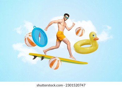 Collage picture of young macho guy running swimming surfboard shirtless wear sunglass navigation compass isolated over sky background