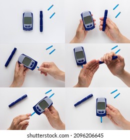 Collage Of Pictures Showing Process Using Glucometer: Glucose Meter, Inserting Test Strip, Pricking Finger With Lancet, Dropping Blood On Strip And Glucose Meter With Empty Screen