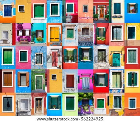 Collage of picturesque windows with shutters on the famous island Burano, Venice, Italy