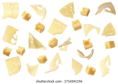 Collage with pieces of cheese falling on white background