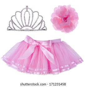 Collage Of Pink Skirt For Girl, Crown And Hair Bow