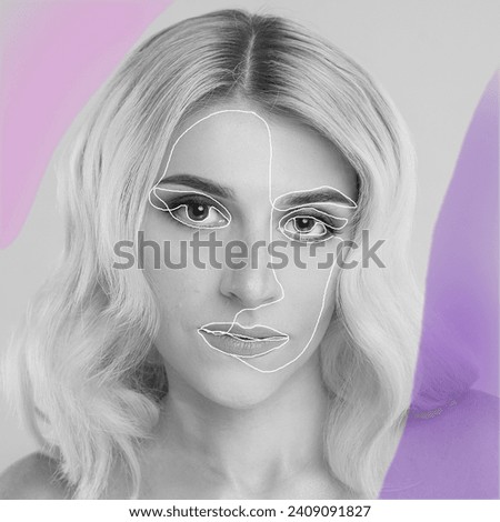 collage in pinkish purple tones. The girl is blonde. High quality photo