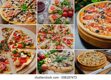 Collage of pizza on a wooden table. Restaurant