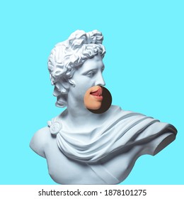 Collage With Plaster Head Model, Statue And Male Portrait Isolated On Blue Background. Negative Space To Insert Your Text. Modern Design. Contemporary Colorful And Conceptual Bright Art Collage.