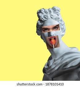 Collage with plaster head model, statue and female portrait isolated on yellow background. Negative space to insert your text. Modern design. Contemporary colorful and conceptual bright art collage. - Powered by Shutterstock