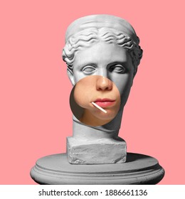 Collage with plaster head model, statue and female portrait isolated on pink background. Negative space to insert your text. Modern design. Contemporary colorful and conceptual bright art collage.