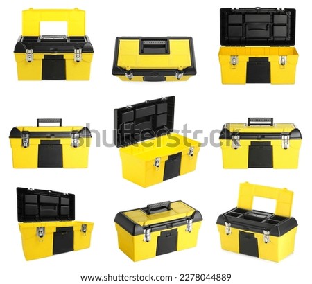 Collage of plastic box for tools on white background, different sides