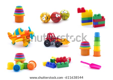 Collage of plastic toys for baby isolated on white background.