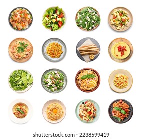 Collage of plates with tasty food on white background - Shutterstock ID 2238599419