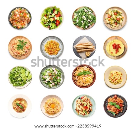 Collage of plates with tasty food on white background