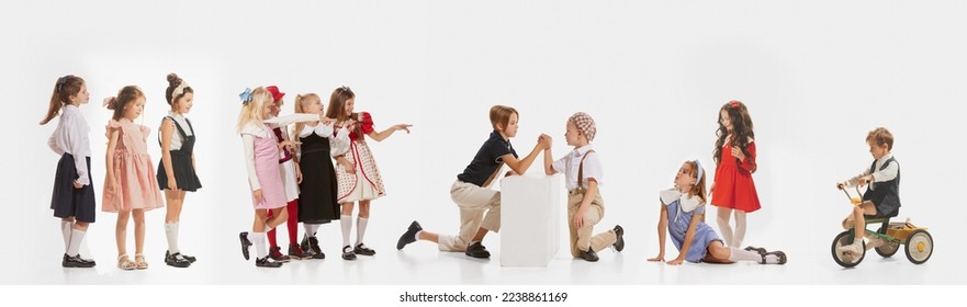 Collage. Playful little boys and girls, kids, children in stylish retro clothes playing isolated over white background. Communication. Concept of childhood, lifestyle, fun, education, game - Shutterstock ID 2238861169