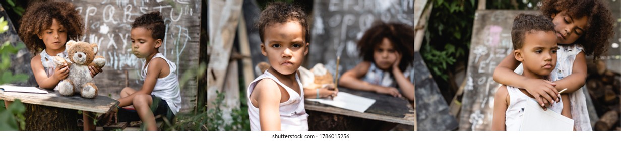 Collage Of Poor African American Kid Hugging Brother And Having Lesson Outside